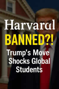 Harvard gates closed with headline about Trump banning international students
