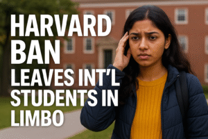 Worried South Asian student outside Harvard after international student ban