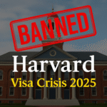 Harvard University Hall with red BANNED stamp and text Visa Crisis 2025 on the image