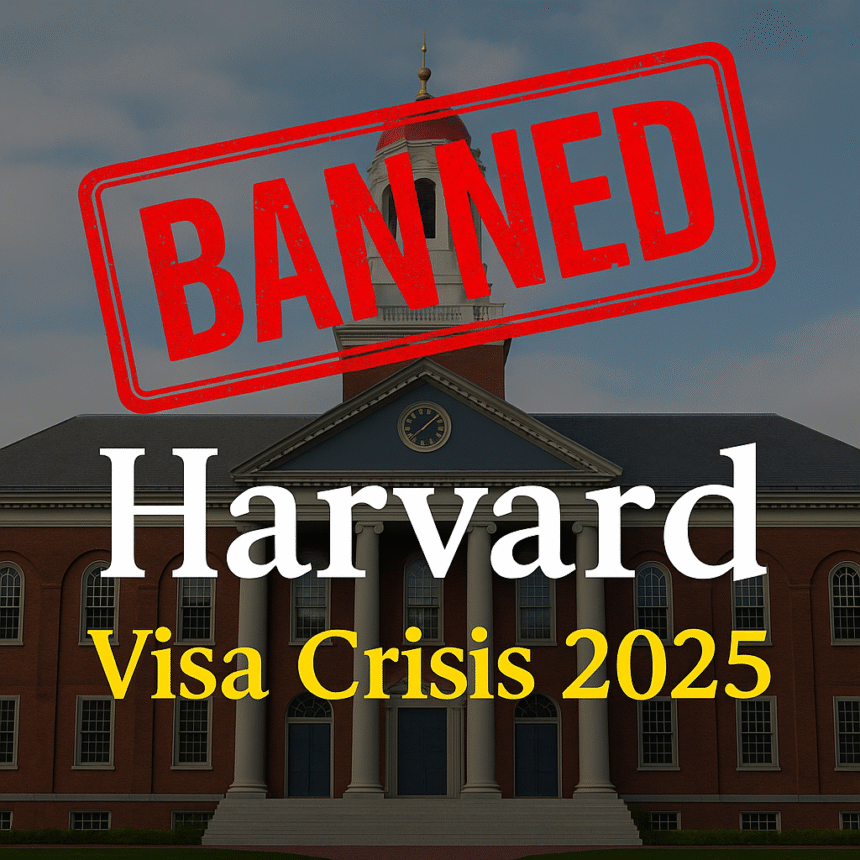 Harvard University Hall with red BANNED stamp and text Visa Crisis 2025 on the image