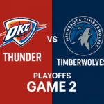 Thunder vs Timberwolves logos with Game 2 NBA Playoffs 2025 banner