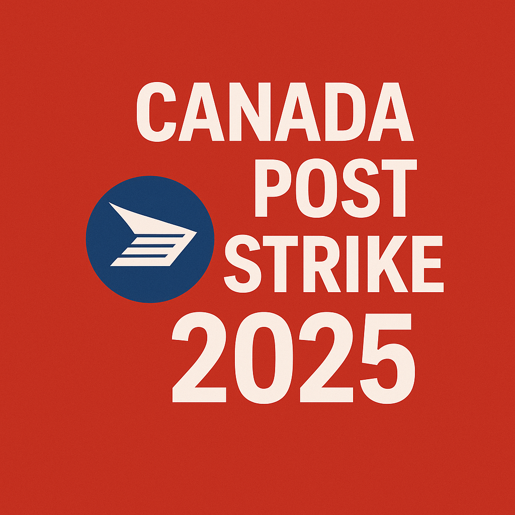 Canada Post strike 2025 thumbnail image with bold red background and official postal logo for breaking news coverage