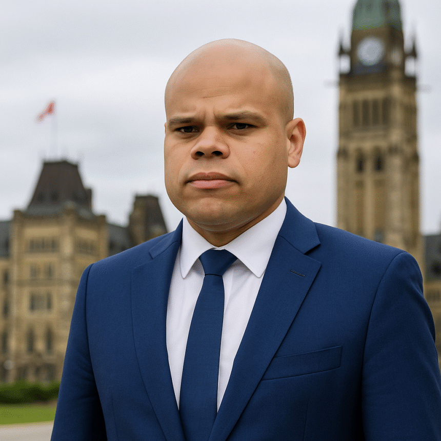 Jamil Jivani standing outside Canadian Parliament in Ottawa, May 2025
