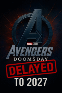 Marvel Studios Avengers Doomsday official delay poster announcing new 2027 release date with cracked logo and cosmic background