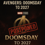 Marvel Studios Avengers Doomsday postponed to 2027 announcement graphic with bold headline and Avengers logo