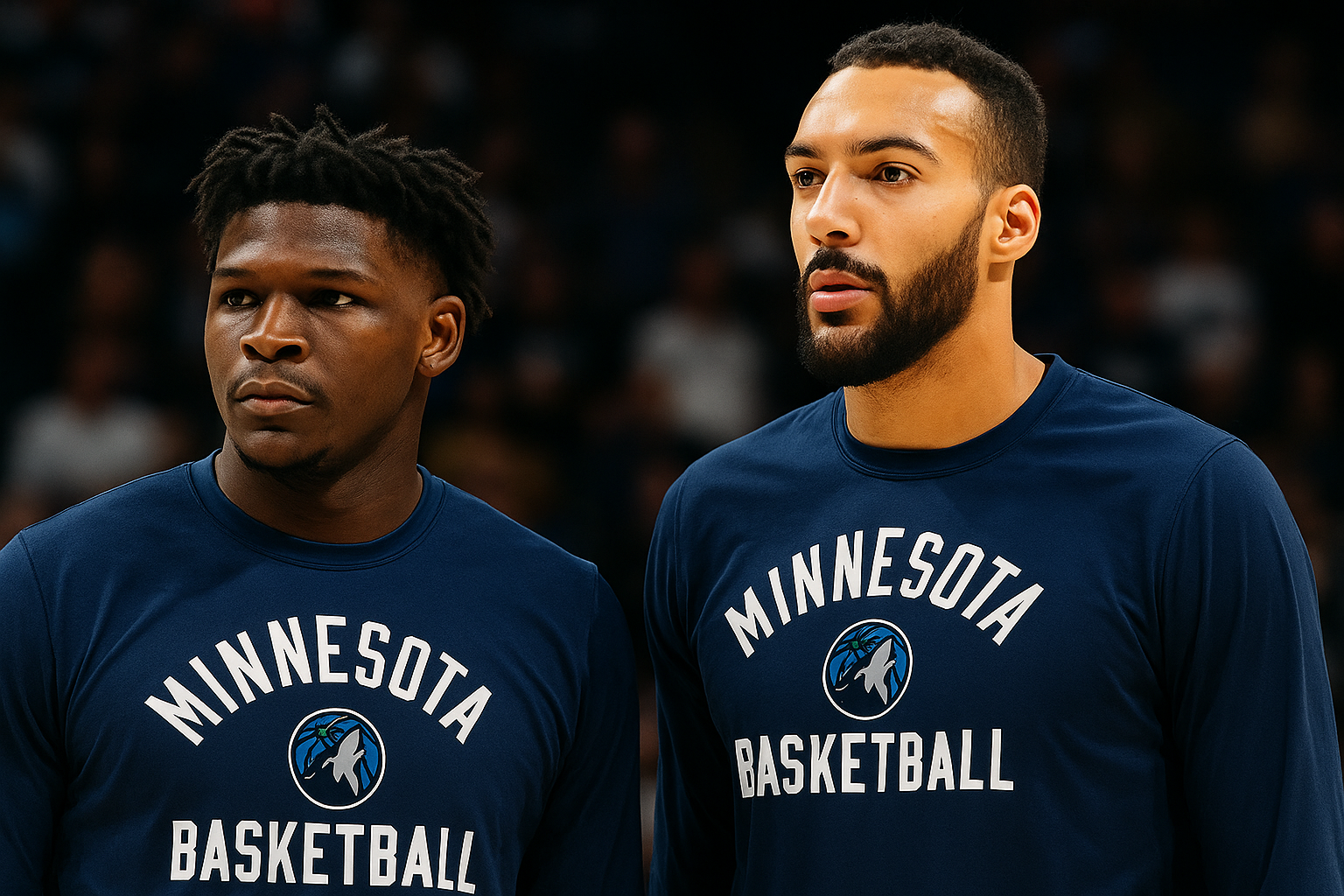 Anthony Edwards and Rudy Gobert focused during Timberwolves warm-up before Thunder game