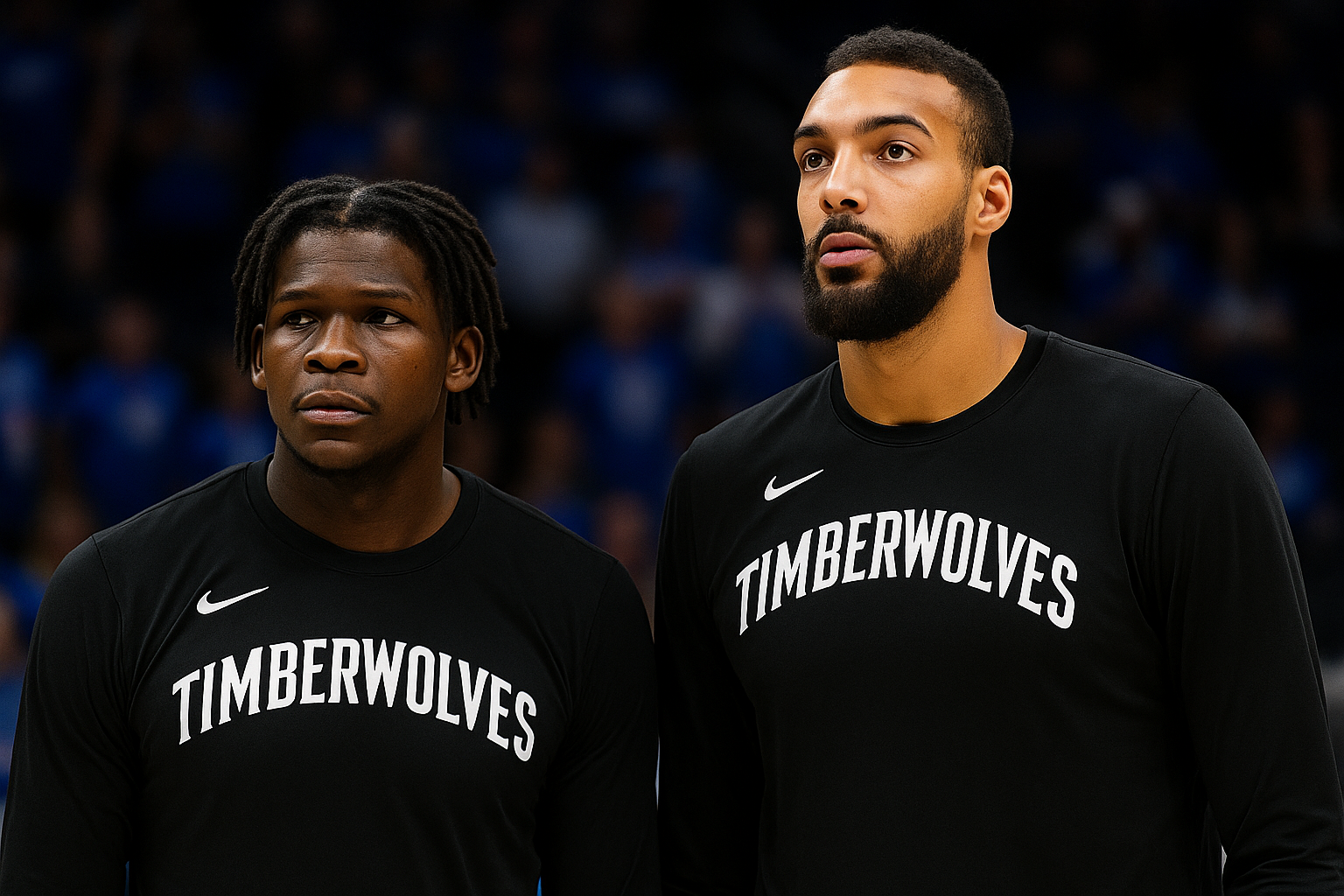 Anthony Edwards and Rudy Gobert in Timberwolves black jerseys before Thunder matchup