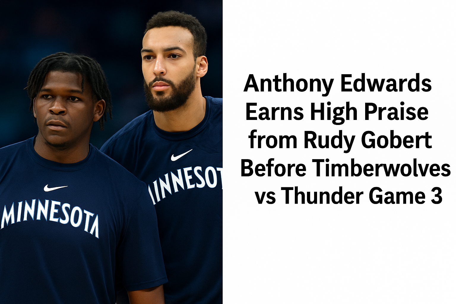 Anthony Edwards and Rudy Gobert with headline text before Timberwolves vs Thunder Game 3