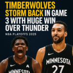 Anthony Edwards and Rudy Gobert celebrate Timberwolves’ Game 3 victory over Thunder with bold headline overlay – NBA Playoffs 2025