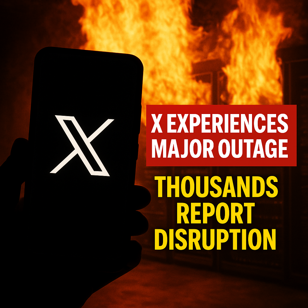 X Outage 2025 – Smartphone with X logo in front of burning data center