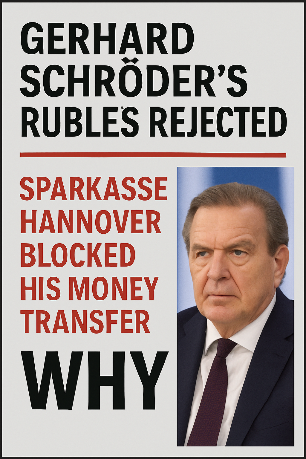 Gerhard Schröder serious expression with headline about Sparkasse Hannover blocking his ruble-linked money transfer