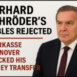 Gerhard Schröder in suit with headline about Sparkasse Hannover blocking his ruble-linked money transfer, framed with black border