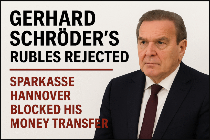 Gerhard Schröder in suit with headline about Sparkasse Hannover blocking his ruble-linked money transfer, framed with black border