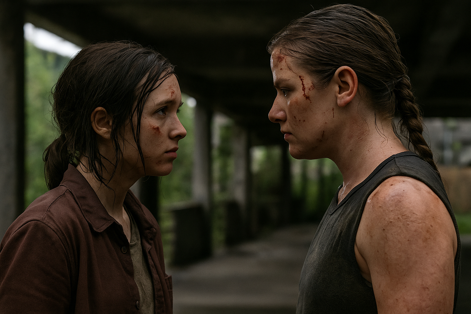 Ellie and Abby confrontation in The Last of Us Season 2 finale, tense standoff scene