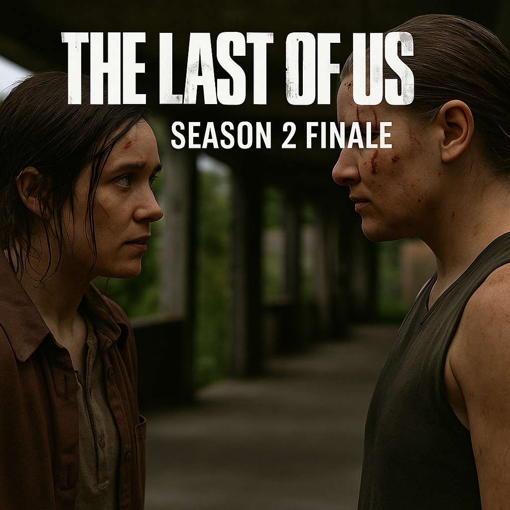 Ellie and Abby standoff poster in The Last of Us Season 2 finale with logo overlay