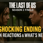 Ellie and Abby standoff image from The Last of Us Season 2 finale with bold text highlighting shocking ending and fan reactions, bordered layout