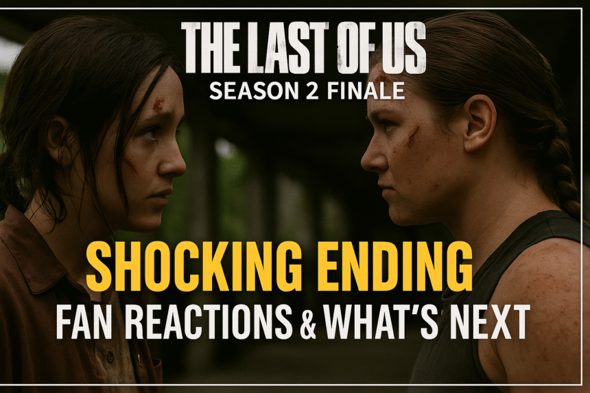 Ellie and Abby standoff image from The Last of Us Season 2 finale with bold text highlighting shocking ending and fan reactions, bordered layout