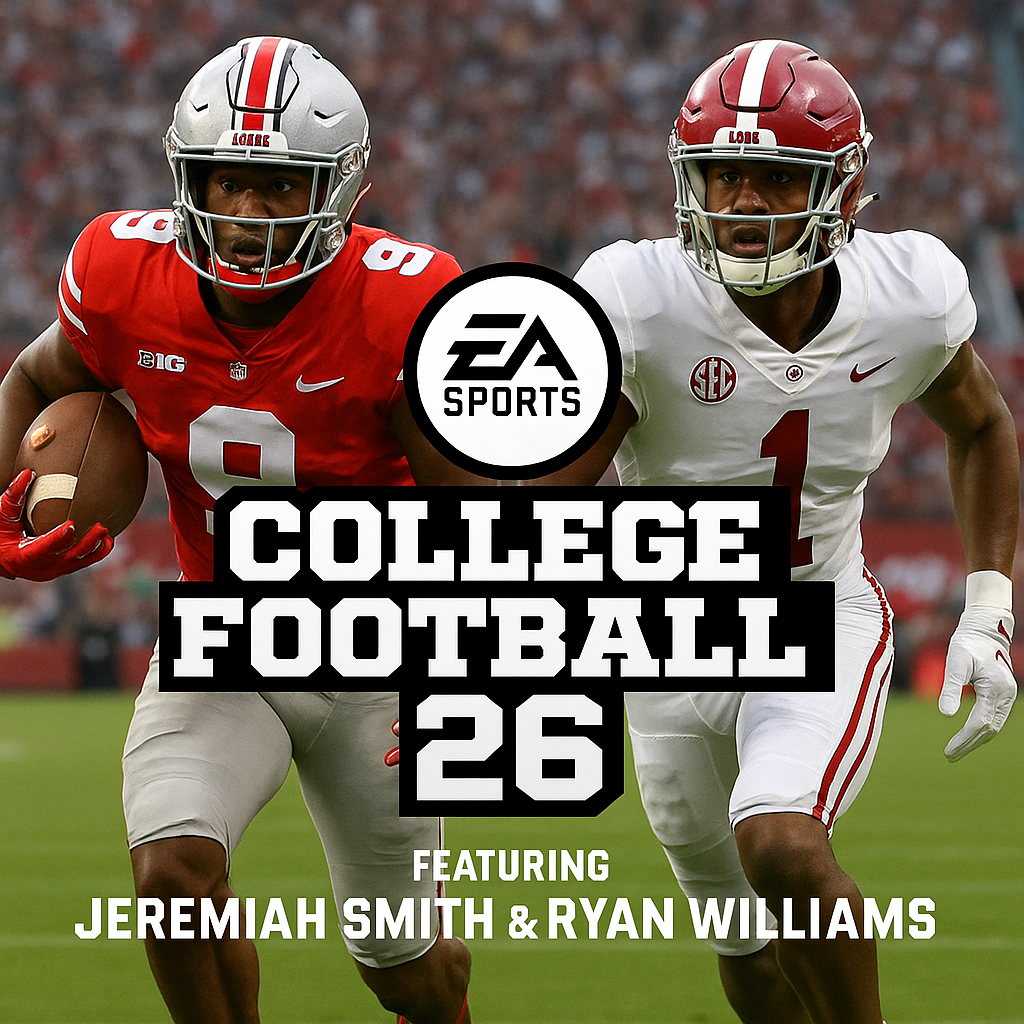 College Football 26 cover athletes Jeremiah Smith and Ryan Williams in action on the field, EA Sports branding in center