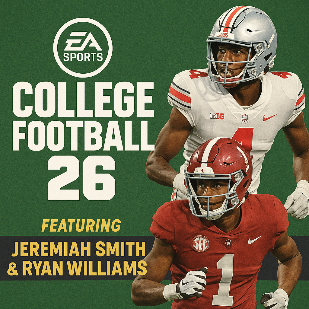 EA Sports College Football 26 featuring Jeremiah Smith and Ryan Williams in team uniforms, game branding in green background