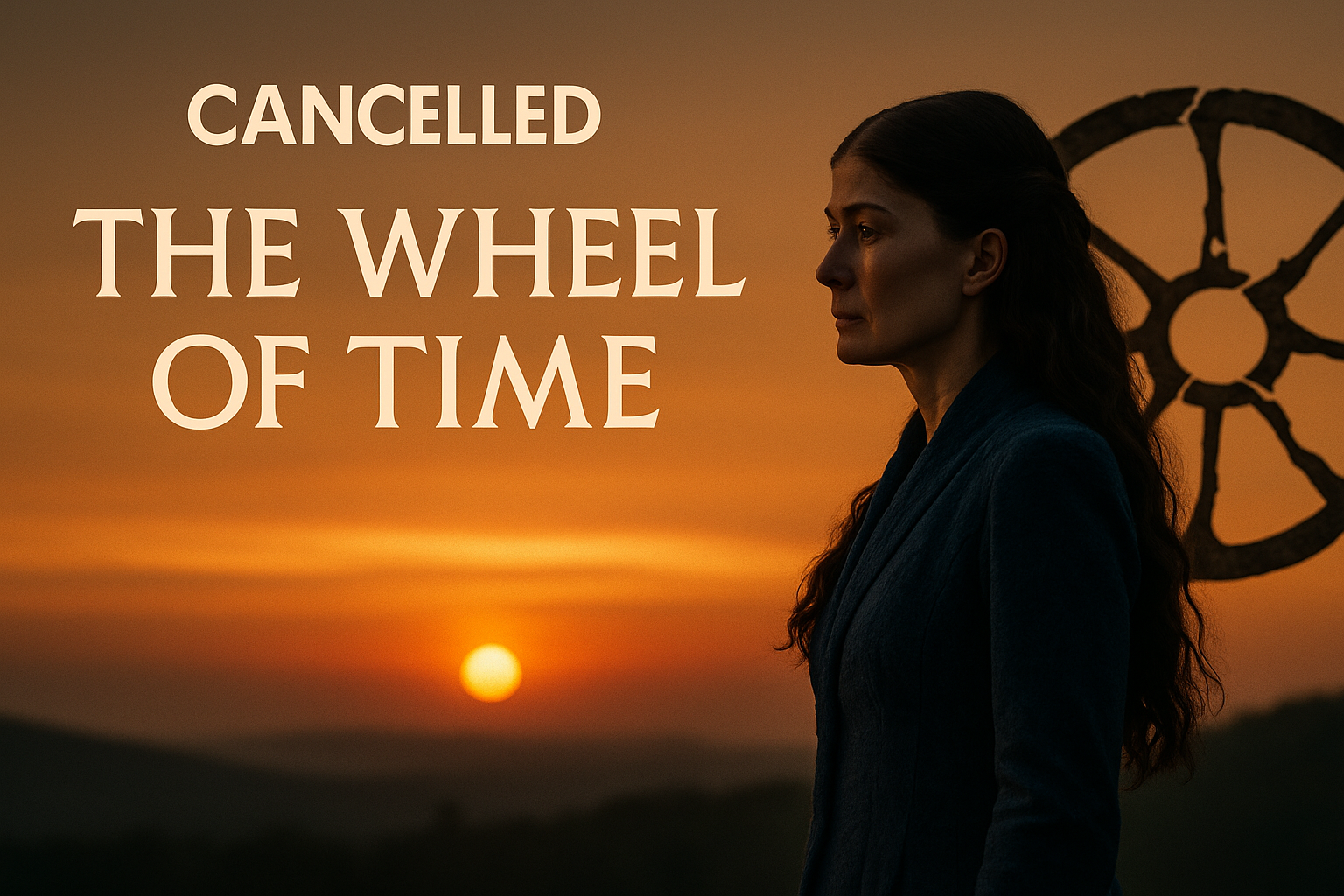 Moiraine from The Wheel of Time standing before a broken wheel symbol at sunset after the show was cancelled by Prime Video