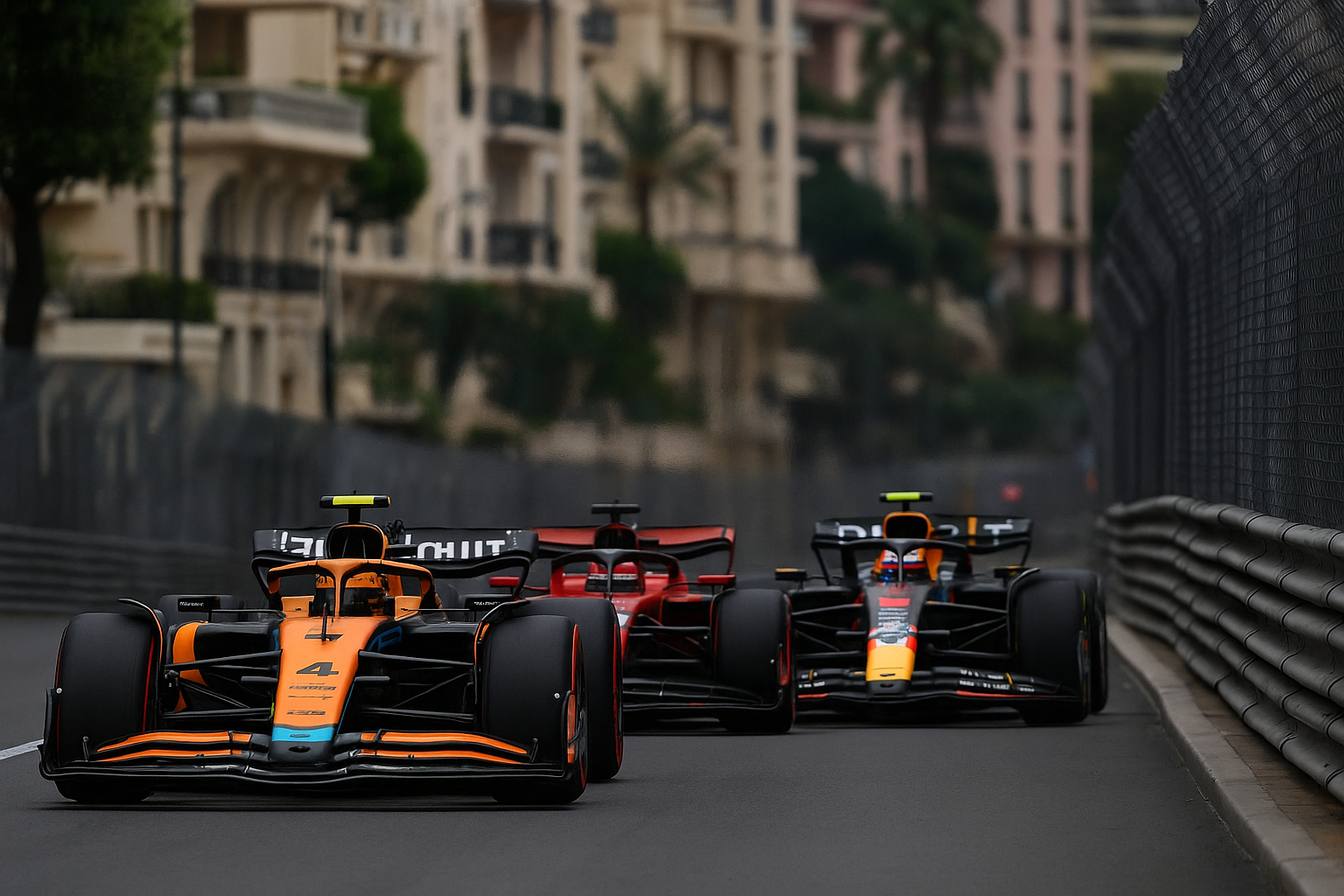 Lando Norris leads Charles Leclerc and Max Verstappen during F1 Monaco GP 2025 in Monte Carlo