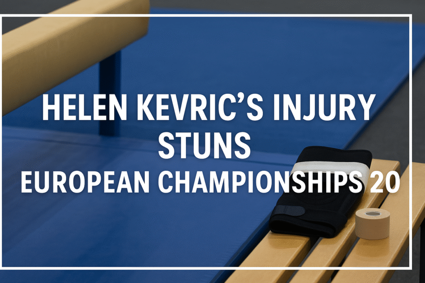 Helen Kevric’s injury stuns European Championships 2025 – symbolic image of a knee brace on a gym bench beside a balance beam.