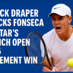 Jack Draper in action with headline celebrating his French Open 2025 victory over Fonseca, shown mid-swing with bold text overlay