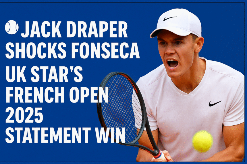 Jack Draper in action with headline celebrating his French Open 2025 victory over Fonseca, shown mid-swing with bold text overlay
