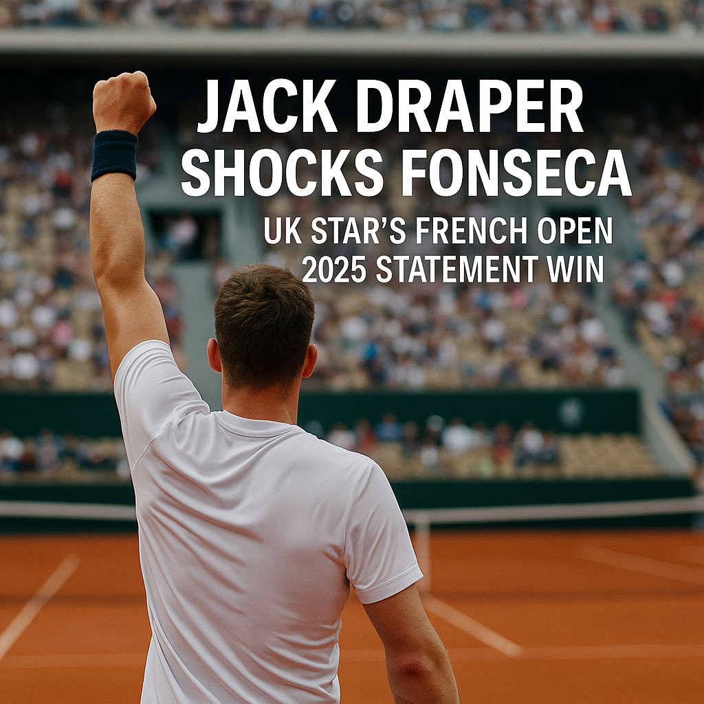 Jack Draper celebrates stunning French Open 2025 win over Joao Fonseca with a raised fist on clay court