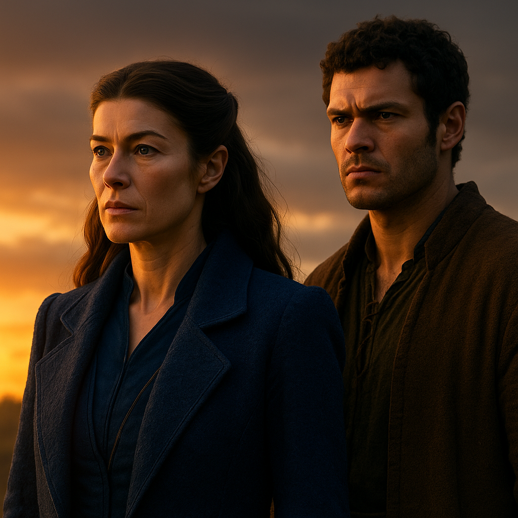 Moiraine and Rand from The Wheel of Time stand together at sunset after the show's cancellation by Prime Video