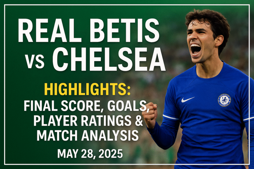Featured graphic showing Real Betis vs Chelsea highlights with João Félix celebrating and match details listed.