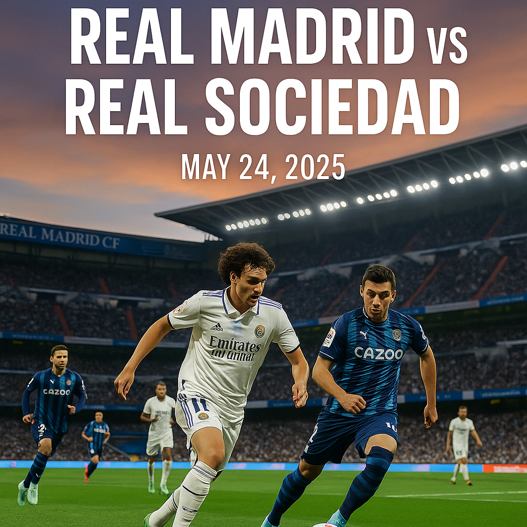 Real Madrid and Real Sociedad players in action during final La Liga 2025 match at Santiago Bernabéu on May 24