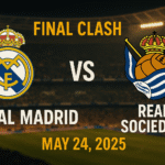 Official match graphic showing Real Madrid and Real Sociedad logos ahead of their La Liga 2025 final clash on May 24 at Santiago Bernabéu