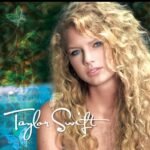 Young Taylor Swift with curly blonde hair and blue eyes in early album artwork