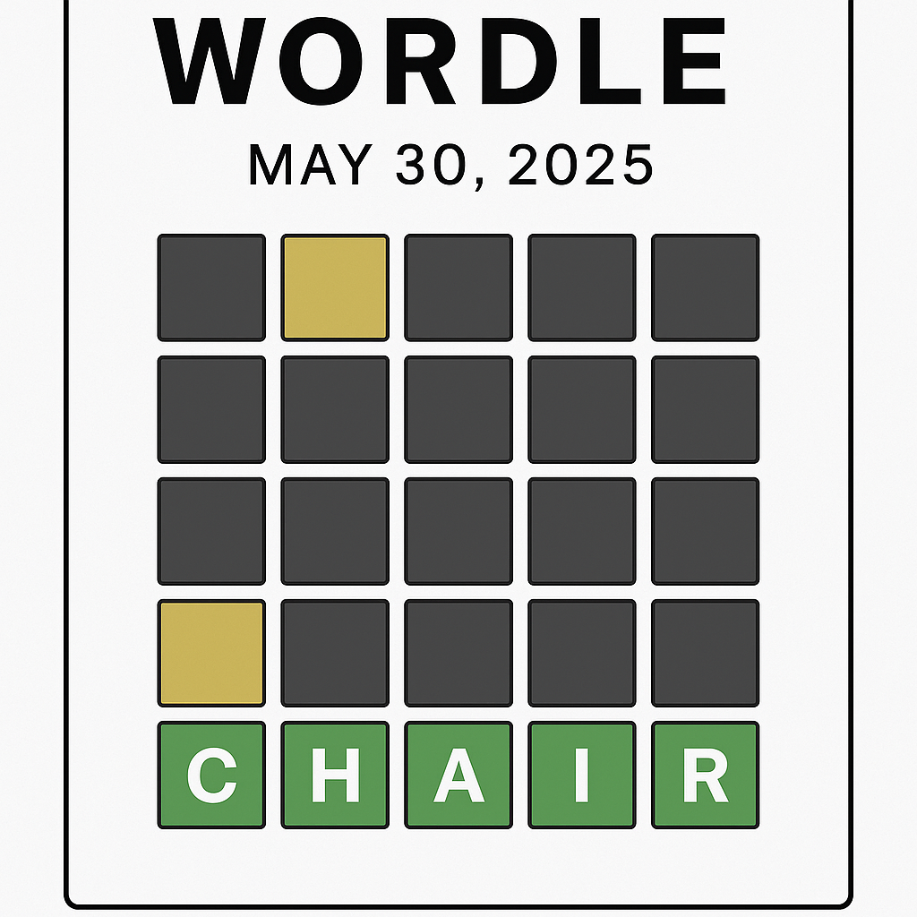  Wordle Answer May 30 2025 grid showing final solution CHAIR in green tiles