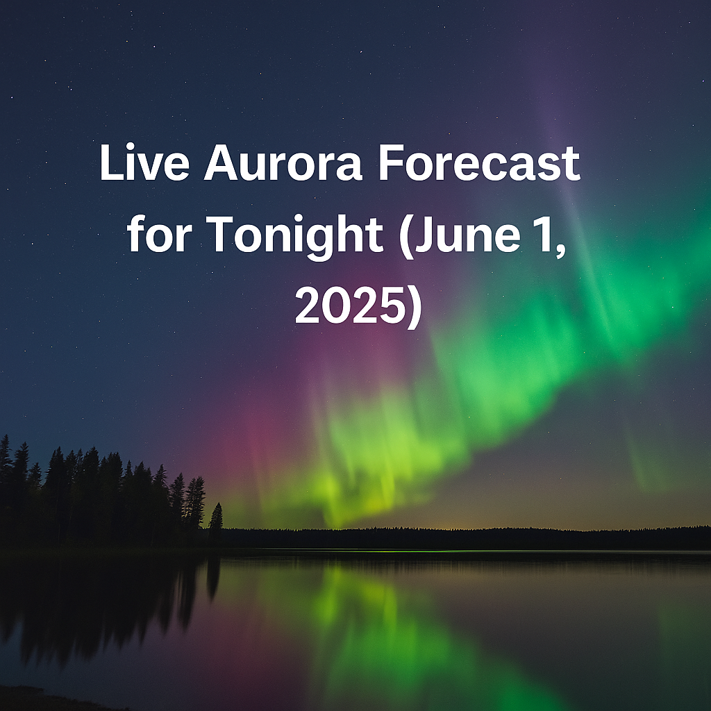 Live aurora borealis forecast showing vibrant northern lights over a calm lake under a starry sky on June 1, 2025