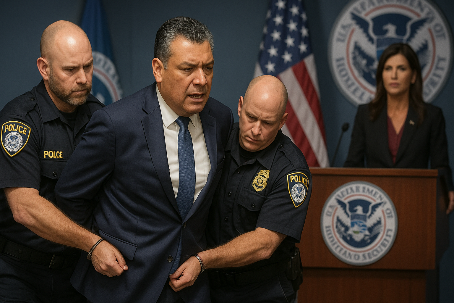 U.S. Senator Alex Padilla handcuffed by law enforcement at DHS press conference in Los Angeles