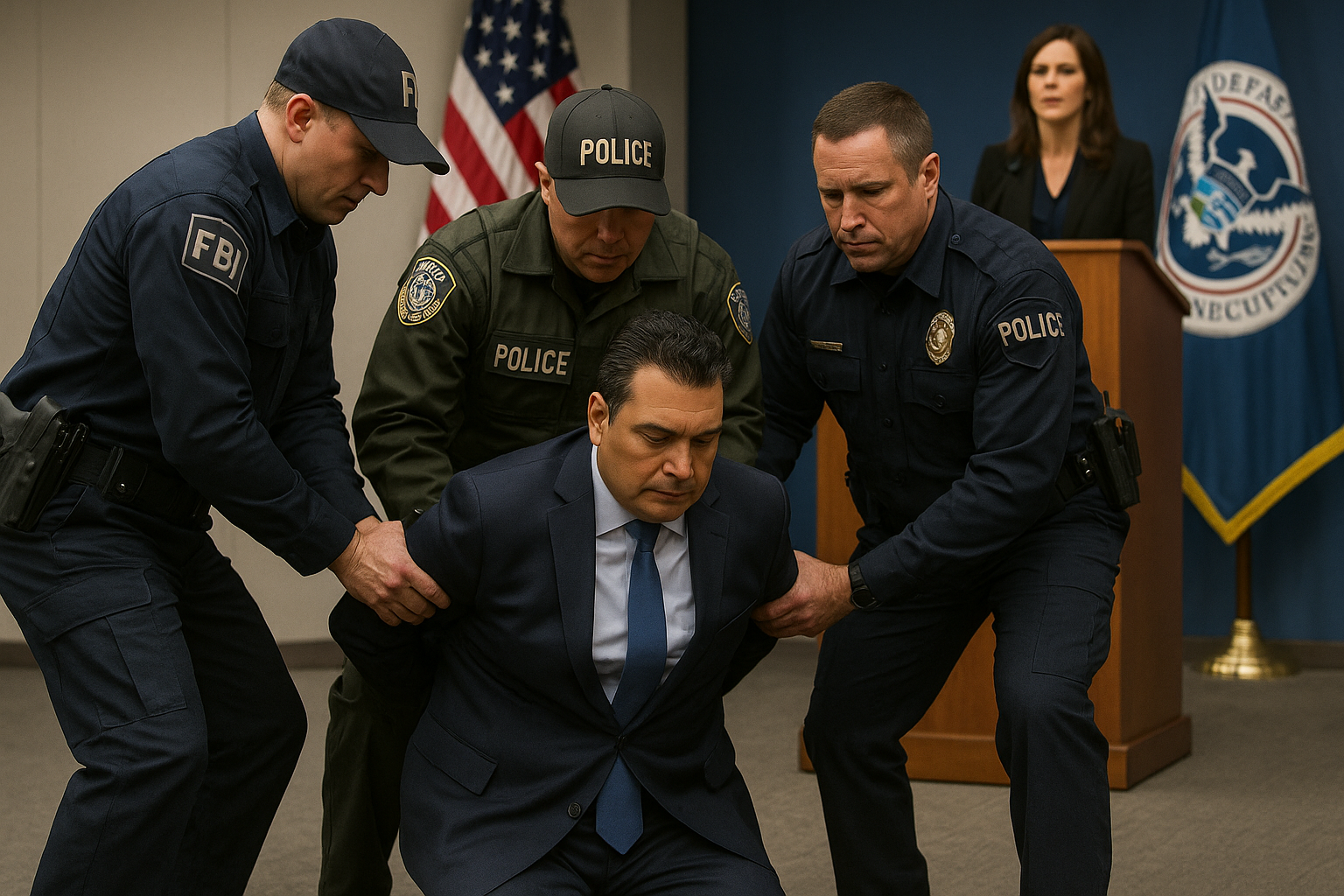 Senator Alex Padilla handcuffed and kneeling on the ground, surrounded by law enforcement during DHS press conference in Los Angeles