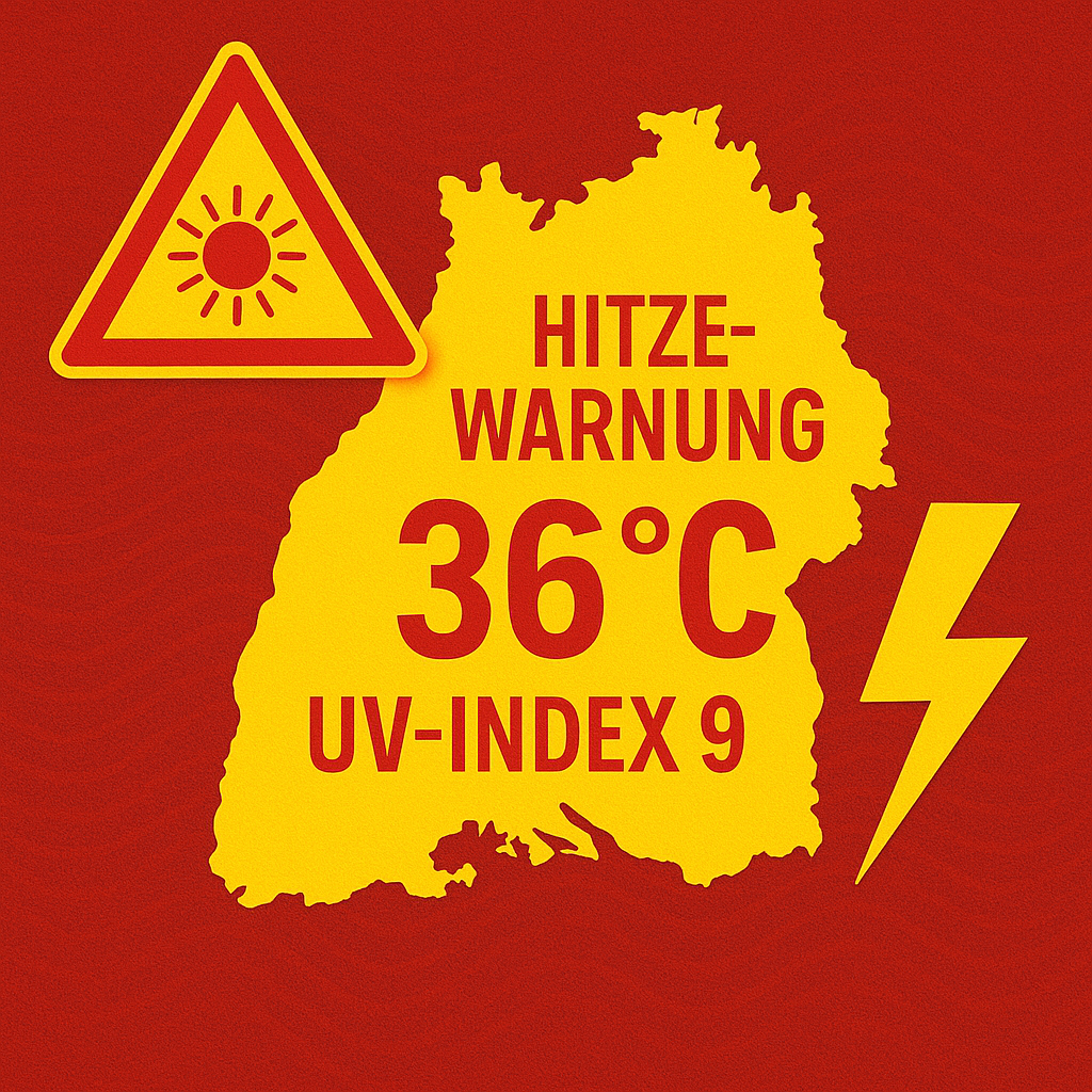 Heat warning map for Baden-Württemberg 2025 showing 36°C temperature and UV index 9 with storm warning symbols.