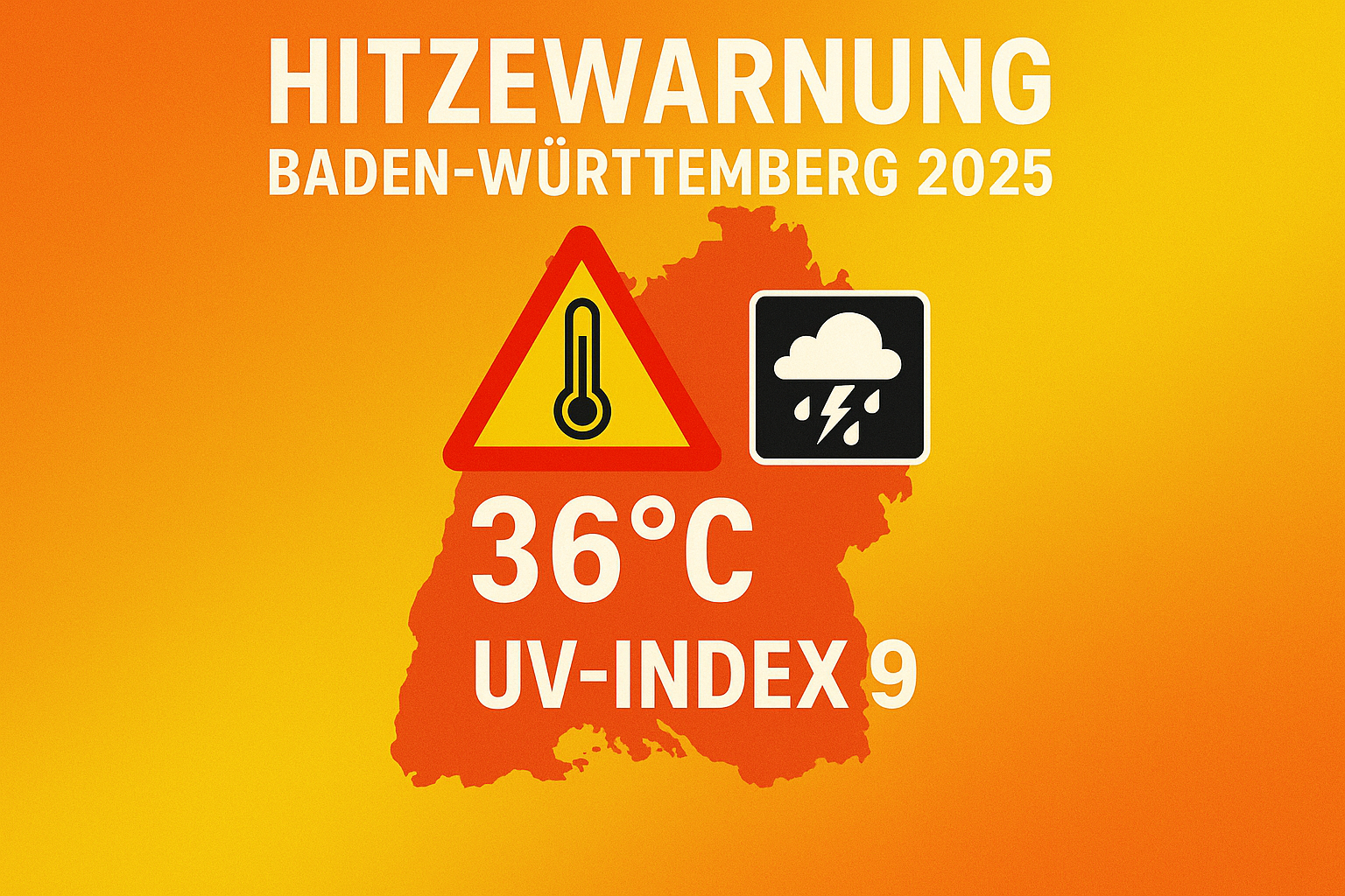 Heat and storm warning map for Baden-Württemberg 2025 showing 36°C temperature, UV index 9, and thunderstorm symbols.