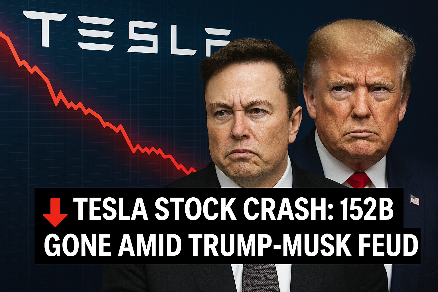 Tesla stock crash graphic showing Elon Musk and Donald Trump amid feud, June 2025