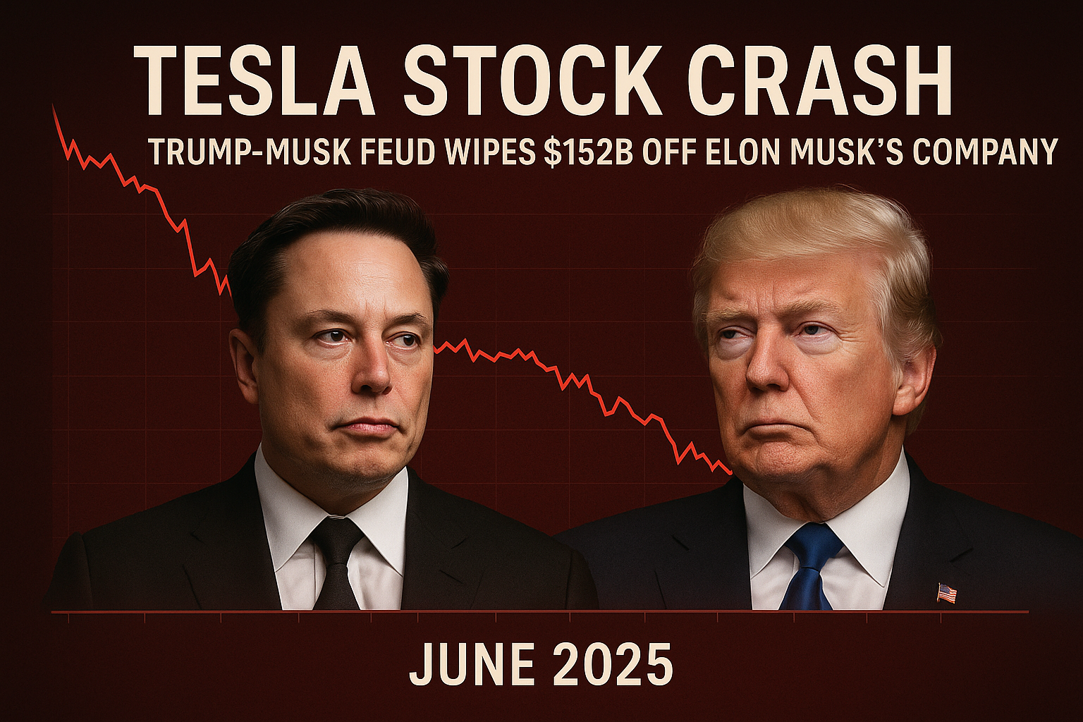 Tesla stock crash June 2025 graphic featuring Elon Musk and Donald Trump with red chart line plunging
