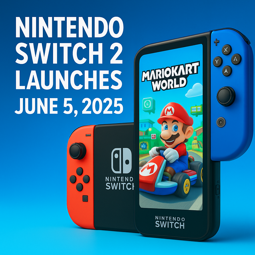 Nintendo Switch 2 promotional image showcasing console features, launch date, and Mario Kart World game highlights