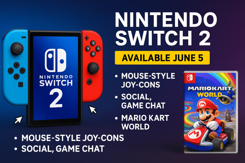 Nintendo Switch 2 featured image showing global release, upgraded console design, and Mario Kart World game promotion