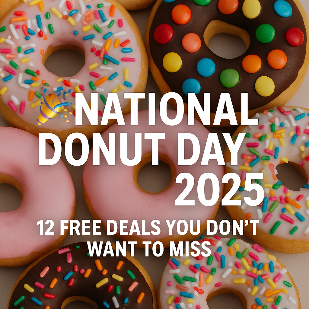National Donut Day 2025 image with colorful donuts and text overlay showing 12 free deals