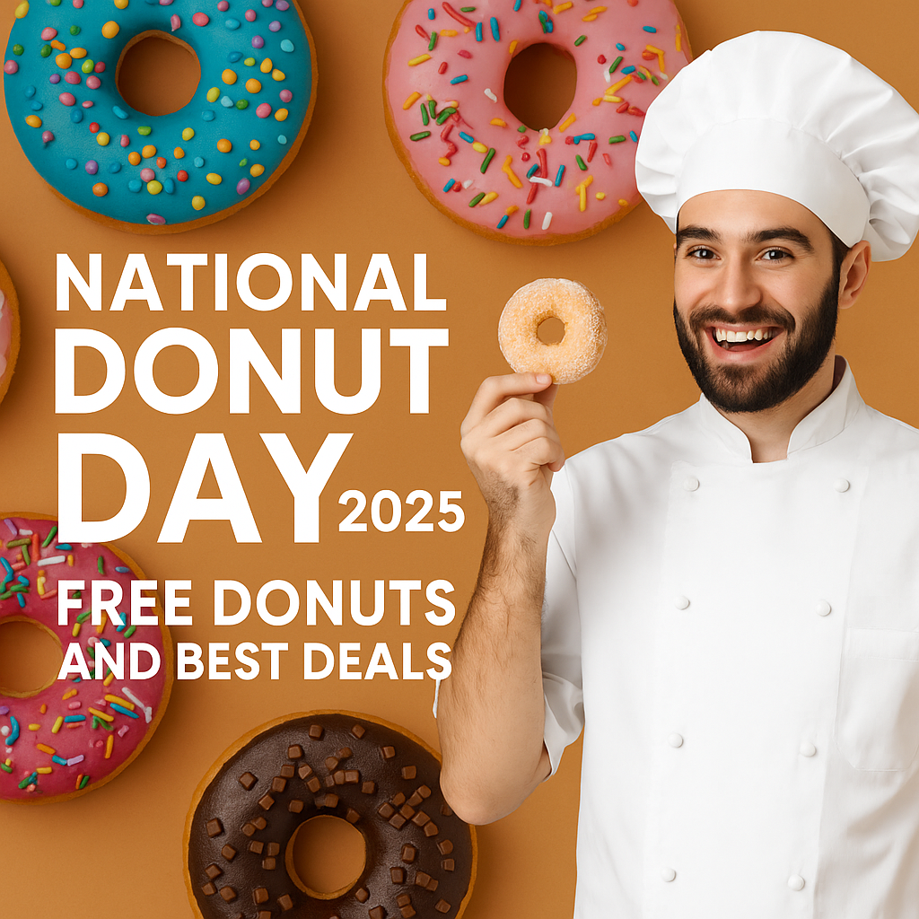 Chef holding donut celebrating National Donut Day 2025 with colorful donuts in background