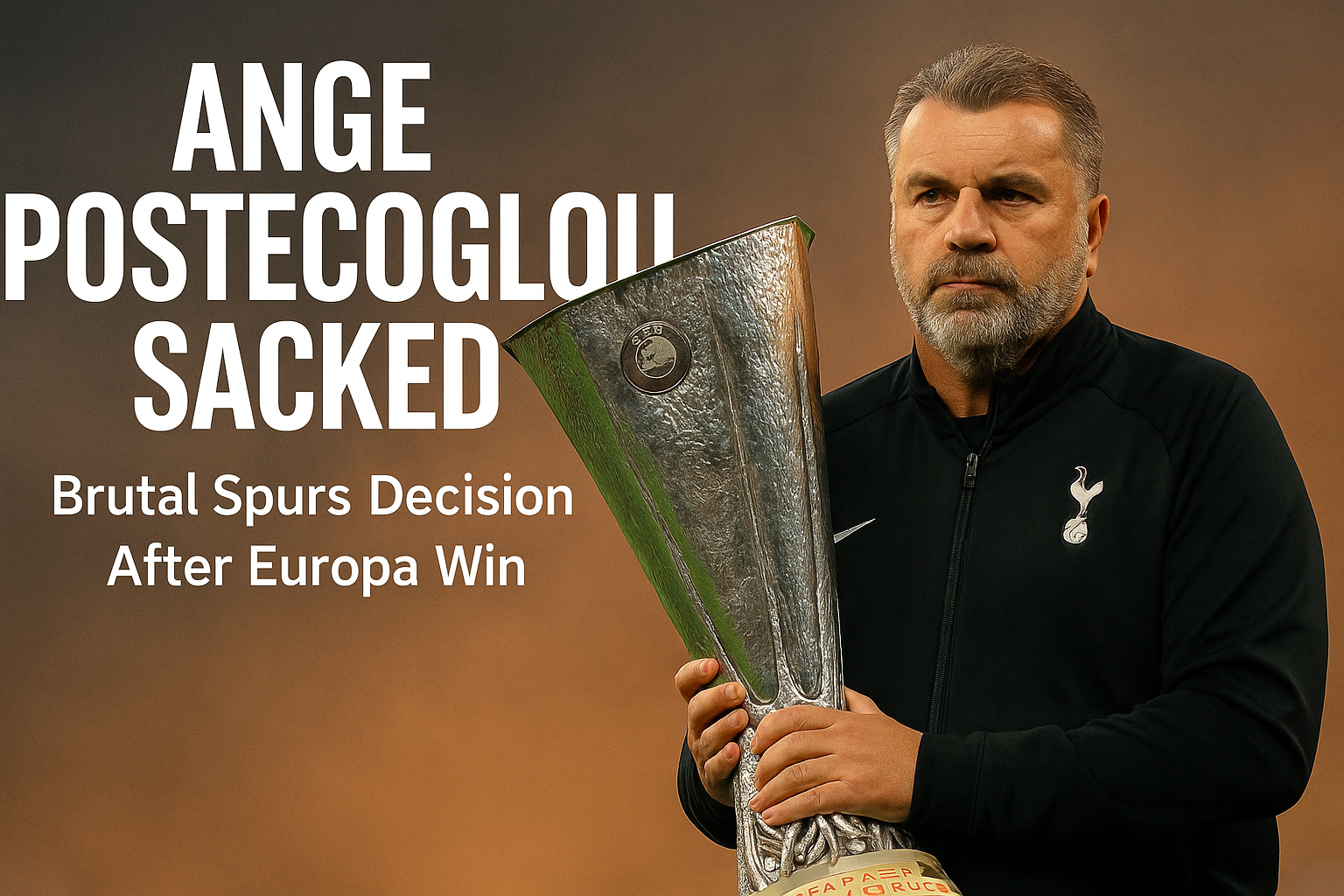 Ange Postecoglou sacked image holding Europa League trophy after Spurs win 2025