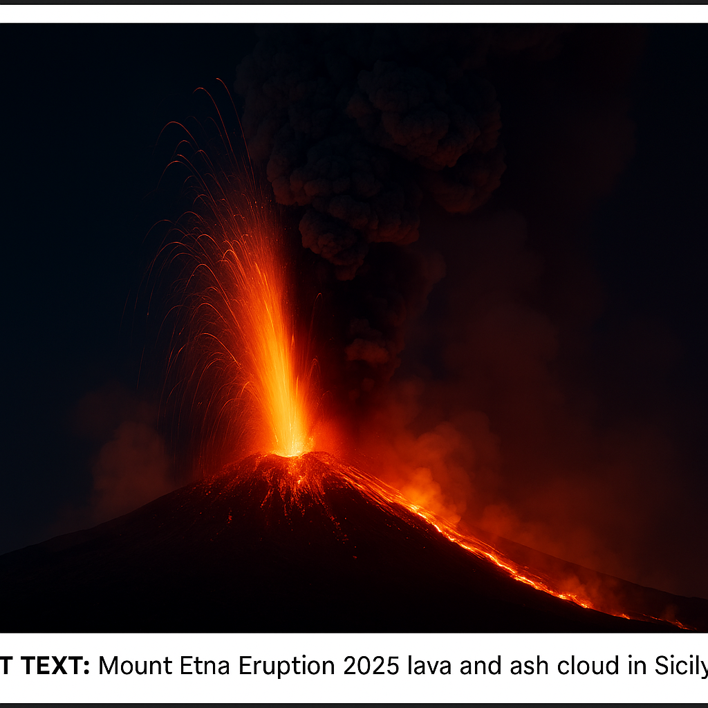 Mount Etna Eruption 2025 lava and ash cloud over Sicily at night with glowing lava