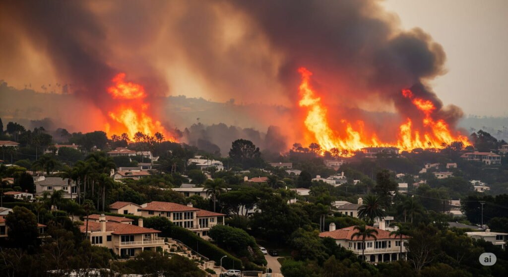Laguna Beach Fire – Rancho Fire smoke rises over hills near homes, July 2025